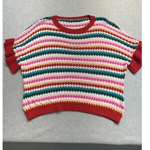 Knit Top Womens M/L Multicolor Striped Ruffle Flutter Sleeve Boho Crew Neck
